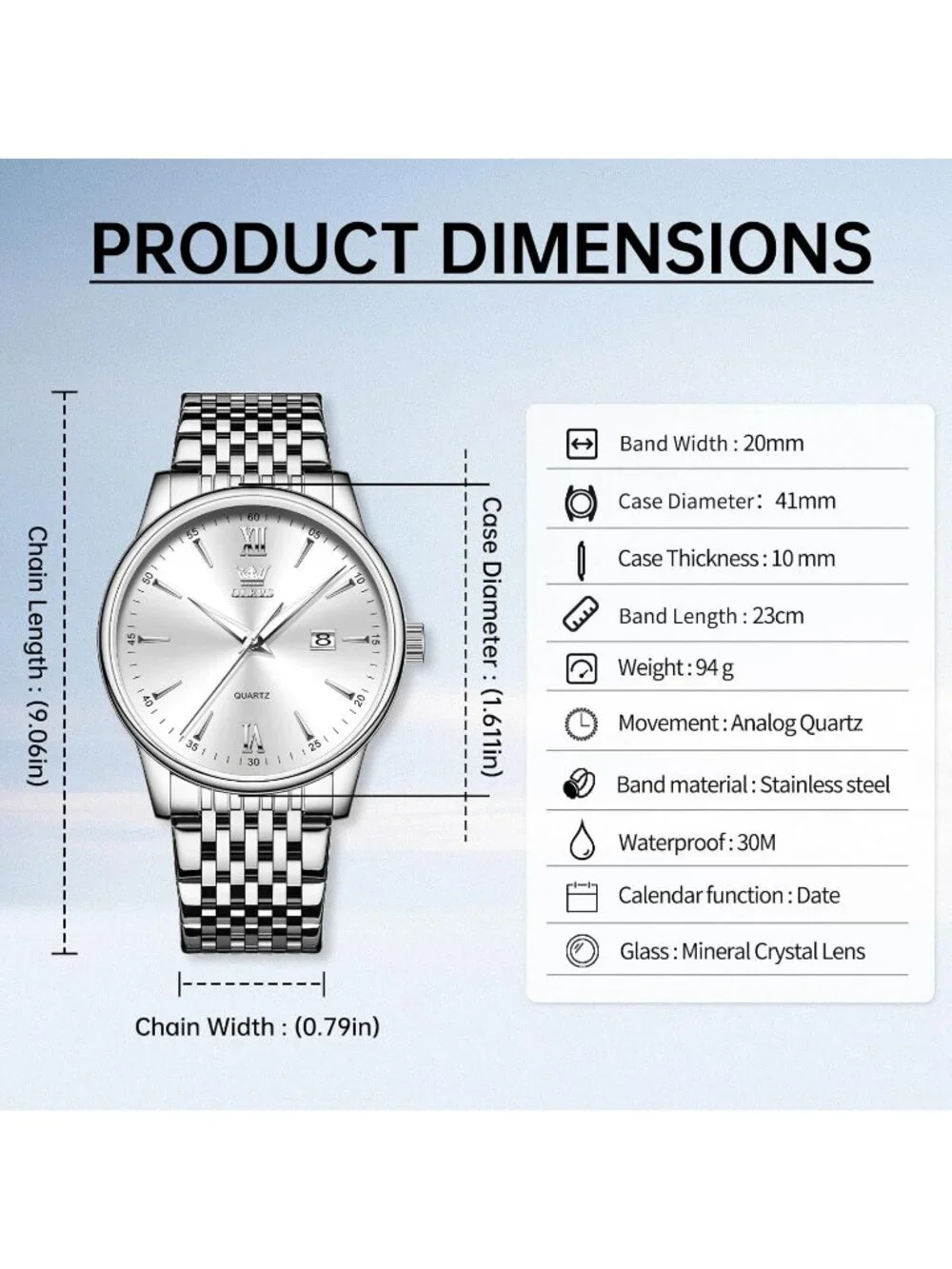 Men's Silver Stainless Steel Band Waterproof Roman Numbers Round Classic Watch